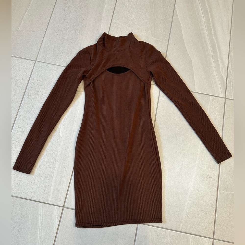 Pretty Little Thing Stand Collar Bodycon Long Sleeve Coffee Brown Dress Size S